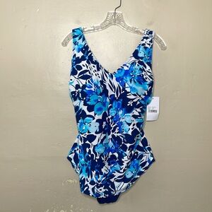 FULLFITALL Swimsuits One Piece Blue Floral Tummy Control Built In Bra NWT 14